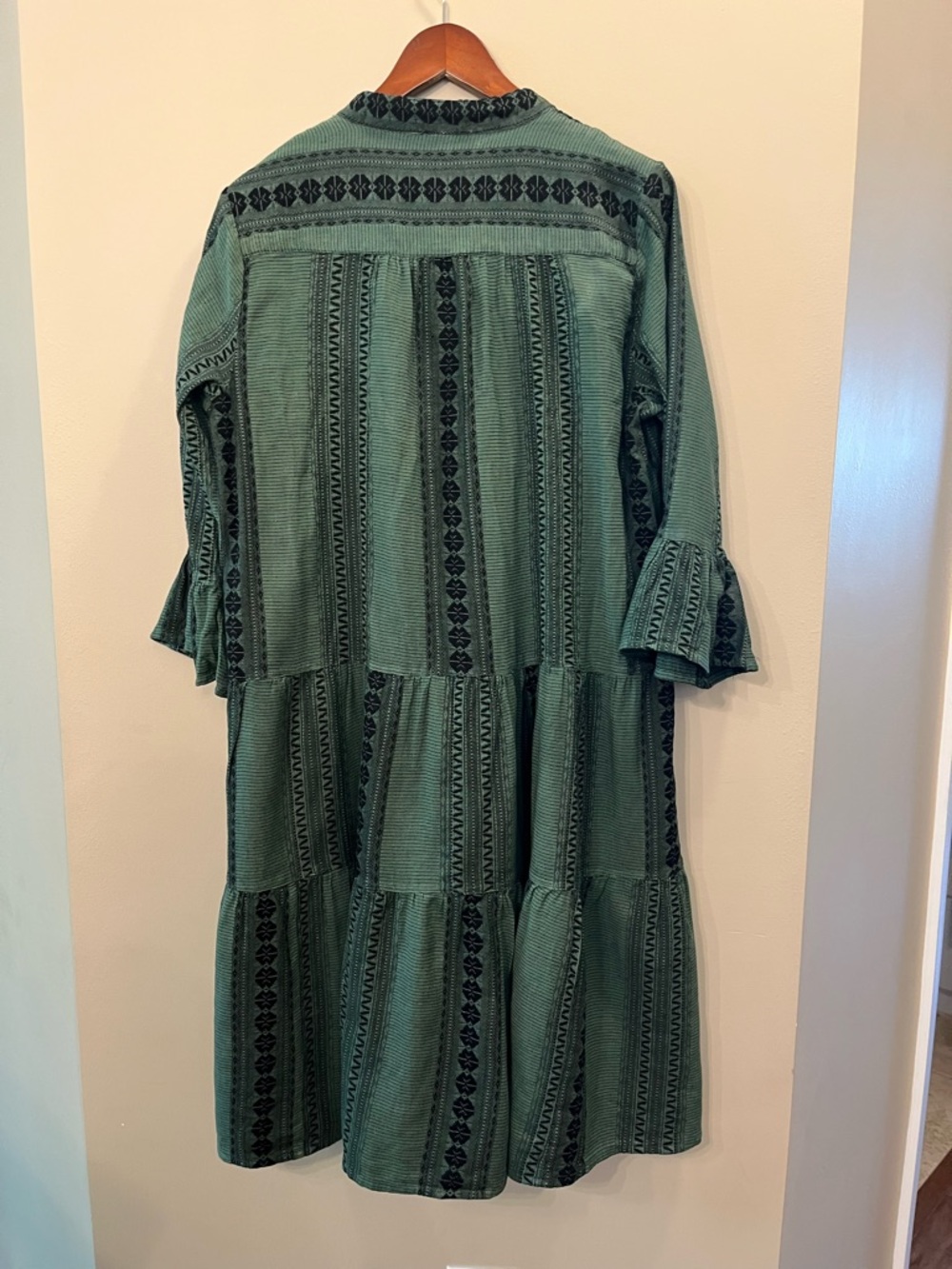 Uncle Frank embroidered tiered midi dress 3/4 sleeves cotton green M - Picture 5 of 6